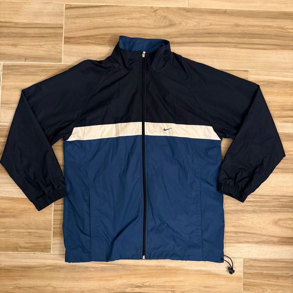 Vintage Y2K Nike Spellout Colorblock Windbreaker Jacket Navy Blue White Mens L
